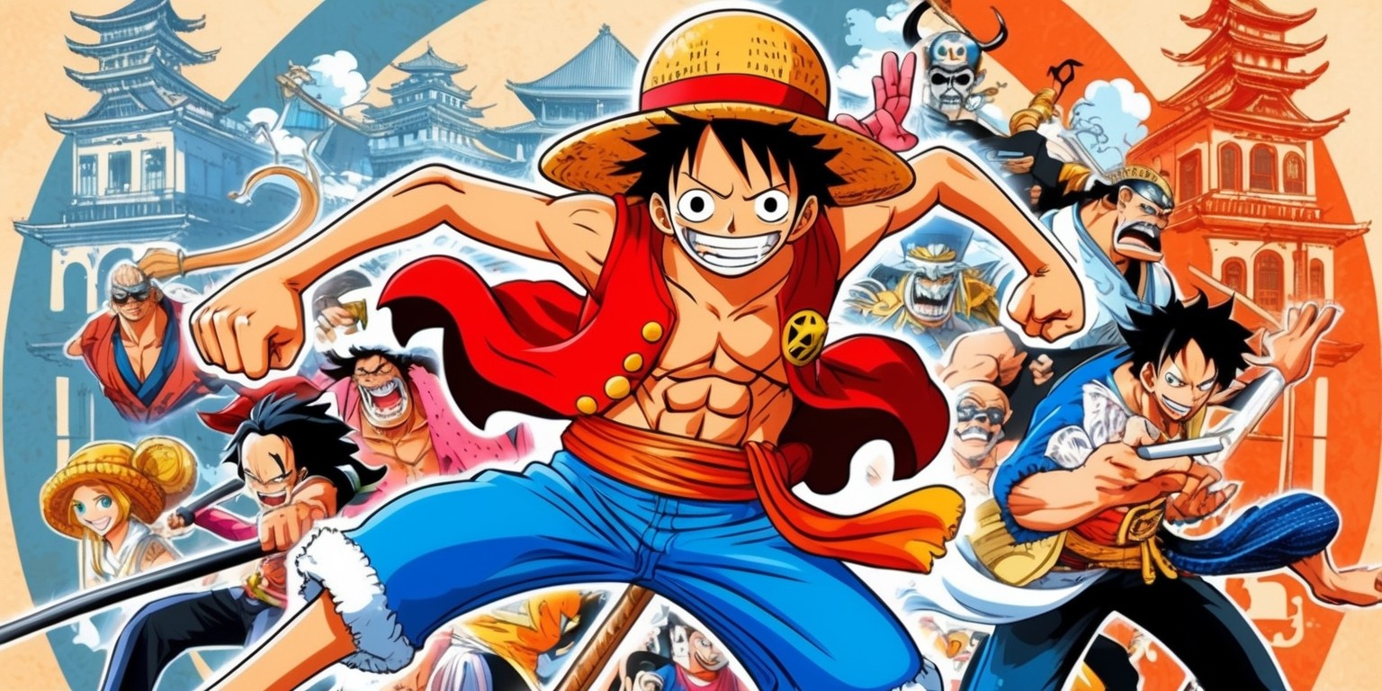 A vibrant and action-packed illustration inspired by the popular Japanese manga series One Piece, featuring Monkey D. Luffy, the main protagonist, in a dynamic pose, with his iconic straw hat, red vest, and blue denim pants, surrounded by other memorable characters from the series, set against a stylized background with a mix of warm and cool colors, blending traditional Japanese architecture with a sense of adventure and fantasy, with bold lines, expressive facial features, and intricate details, capturing the essence of Eiichiro Oda's signature art style, with a sense of energy, movement, and excitement.