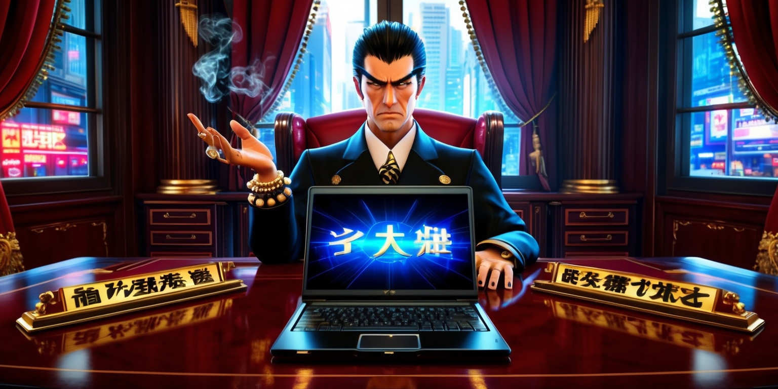 A lavish, ornate office, evoking the opulence of 1980s Tokyo, serves as the backdrop for a powerful Yakuza tycoon, with sharp, angular facial features, piercing brown eyes, and slicked-back black hair, sits behind a massive, polished wooden desk, adorned with a golden nameplate bearing Japanese characters, amidst a haze of cigarette smoke. His stern expression conveys authority, as he gestures, with a bejeweled hand, towards a cityscape outside the window, where neon lights reflect off the wet pavement. A sleek, black, high-tech laptop, with a glowing screen displaying the game's futuristic interface, lies open before him. Rich, dark wood paneling, and velvet curtains, in deep crimson hues, add warmth and sophistication to the atmosphere, while hints of golden accents throughout the room evoke the tycoon's wealth and influence.