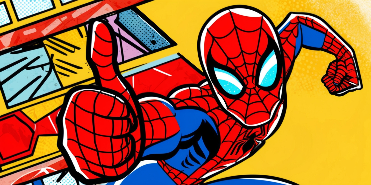 A colorful illustration of Spider-Man in a friendly and approachable pose, reminiscent of a classic 90s TV show style, with bold lines, vibrant colors, and a mix of digital and hand-drawn textures. Spider-Man is depicted in his iconic red and blue costume, with a bright, beaming smile and a thumbs-up gesture, conveying a sense of warmth and approachability. His eyes are a bright, sparkling blue, and his skin has a healthy, rosy glow. The background is a warm, sunny yellow, evoking a sense of nostalgia and optimism. The illustration has a playful, dynamic composition, with bold graphics and stylized details, such as stylized cityscapes or comic book-inspired visual effects. The overall aesthetic is fun, youthful, and energetic, capturing the spirit of the beloved TV show.