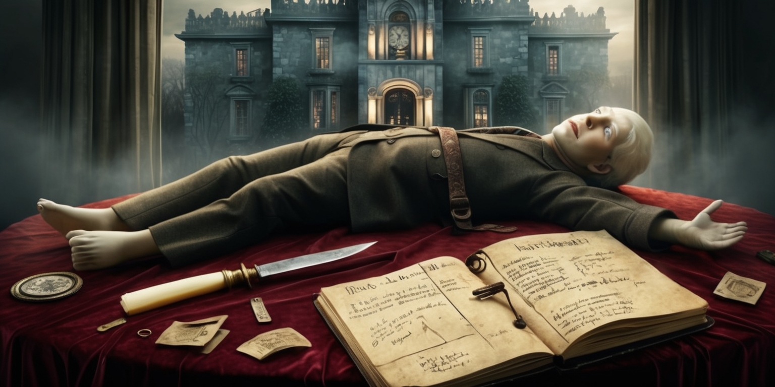 A misty, mysterious mansion stands in the background, with intricate stone carvings and ornate windows, inspired by the settings of the Knives Out movie. In the foreground, a deceased individual lies on a velvet-draped, antique wooden table, surrounded by cryptic clues and scattered detective tools. A single, ornate knife with an ivory handle lies near the victim's hand, hinting at the whodunit mystery. A sprawling, old-fashioned detective's notebook with worn leather covers and yellowed pages lies open, with cryptic notes and sketches scattered across its pages. The scene is set in a warm, golden lighting, with hints of dark shadows, evoking the sense of intrigue and mystery. The facial features of the deceased individual are peaceful, with a subtle hint of surprise, while the skin tone is a pale, porcelain-like complexion.