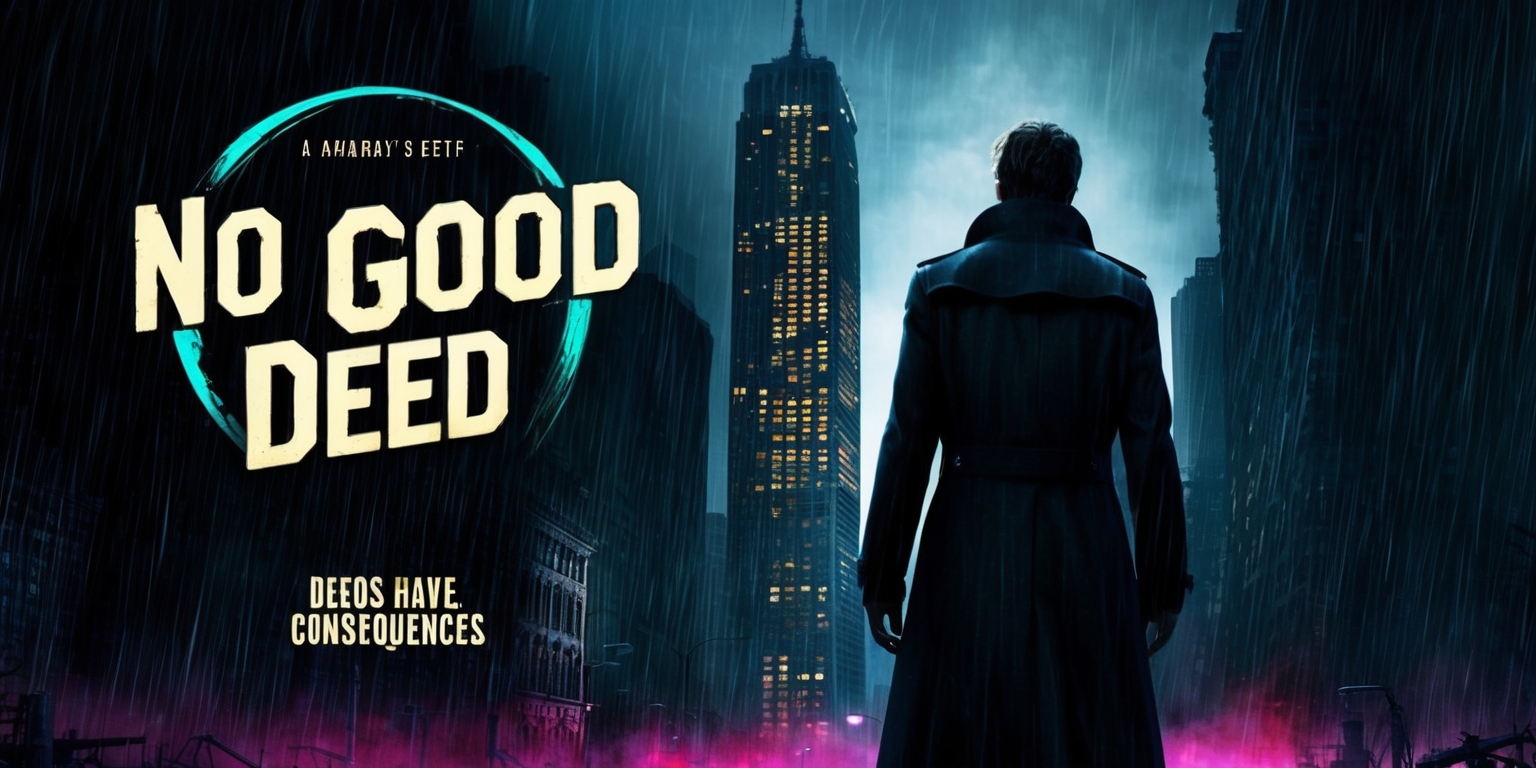 A gritty, cinematic poster for the No Good Deed series, set against a dark, rainy cityscape at dusk, with bold, neon-lit fonts and dramatic, high-contrast shadows. In the foreground, a lone figure, clad in a long, dark coat with a turned-up collar, stands backlit, gazing up at a towering skyscraper, its windows blazing with an eerie, golden light. The atmosphere is tense, foreboding, and introspective, capturing the essence of a gritty, hard-boiled narrative. The title No Good Deed arcs across the top of the frame in bold, sans-serif lettering, while the tagline Deeds have consequences is etched in smaller text at the bottom, in a worn, industrial font. The color palette is dark, muted, and ominous, with flashes of electric blue and neon pink accentuating the city's underbelly.